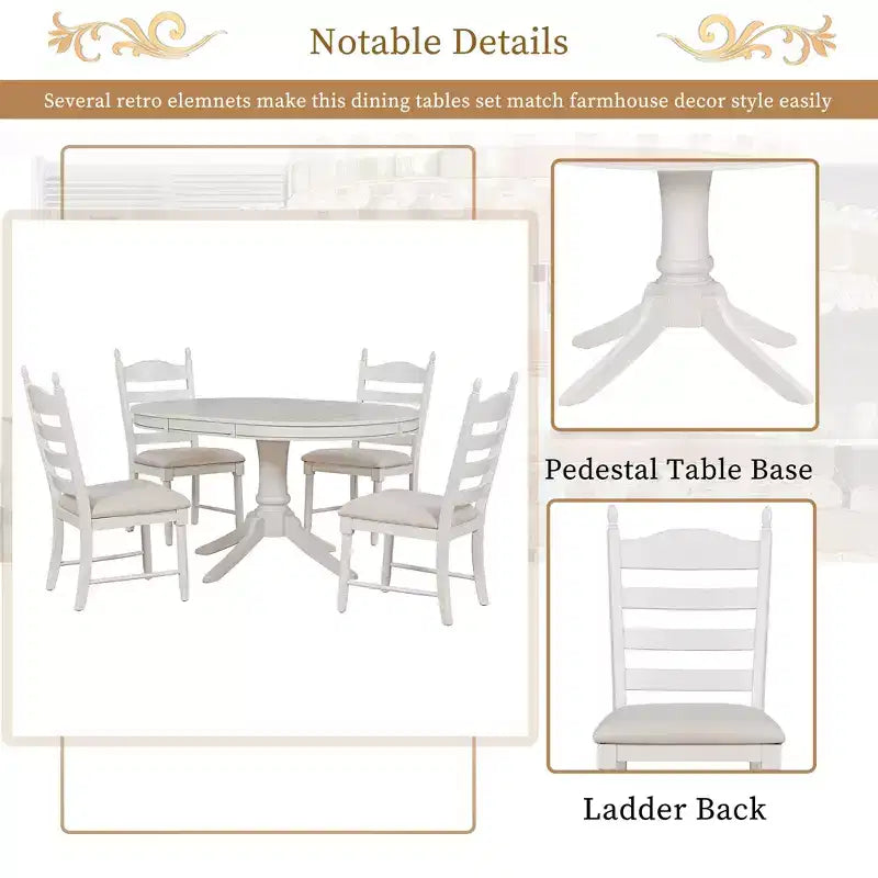 Ensemble Table à Manger Ronde Extensible pour 4, Style Ferme, avec 4 Chaises Rembourrées