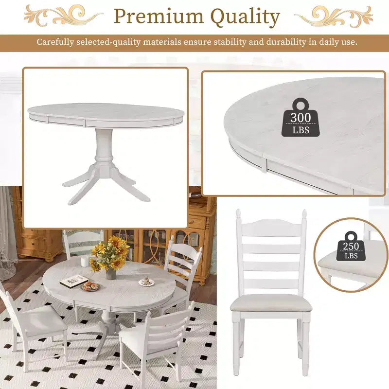 Ensemble Table à Manger Ronde Extensible pour 4, Style Ferme, avec 4 Chaises Rembourrées