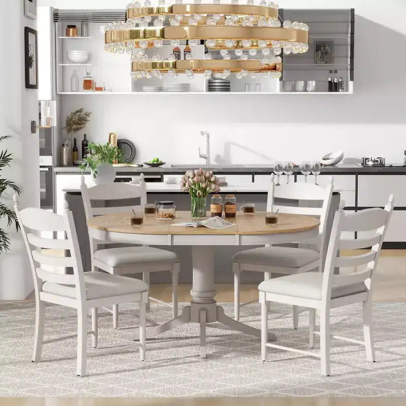 Ensemble Table à Manger Ronde Extensible pour 4, Style Ferme, avec 4 Chaises Rembourrées