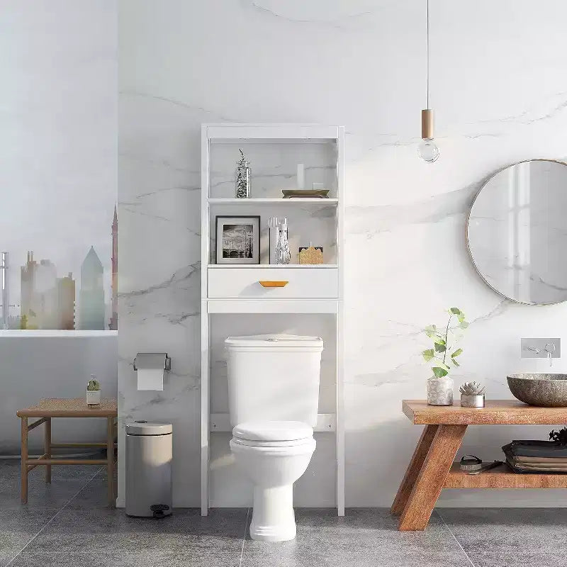 Acekool Bathroom Over The Toilet Storage Cabinet, Freestanding Above Toilet Space Saver Organizer with 1 Drawer and 2 Open Shelves, White