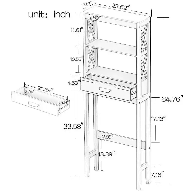 Meuble de rangement de salle de bain au-dessus des toilettes, organisateur autoportant au-dessus des toilettes avec 1 tiroir et 2 étagères ouvertes, blanc
