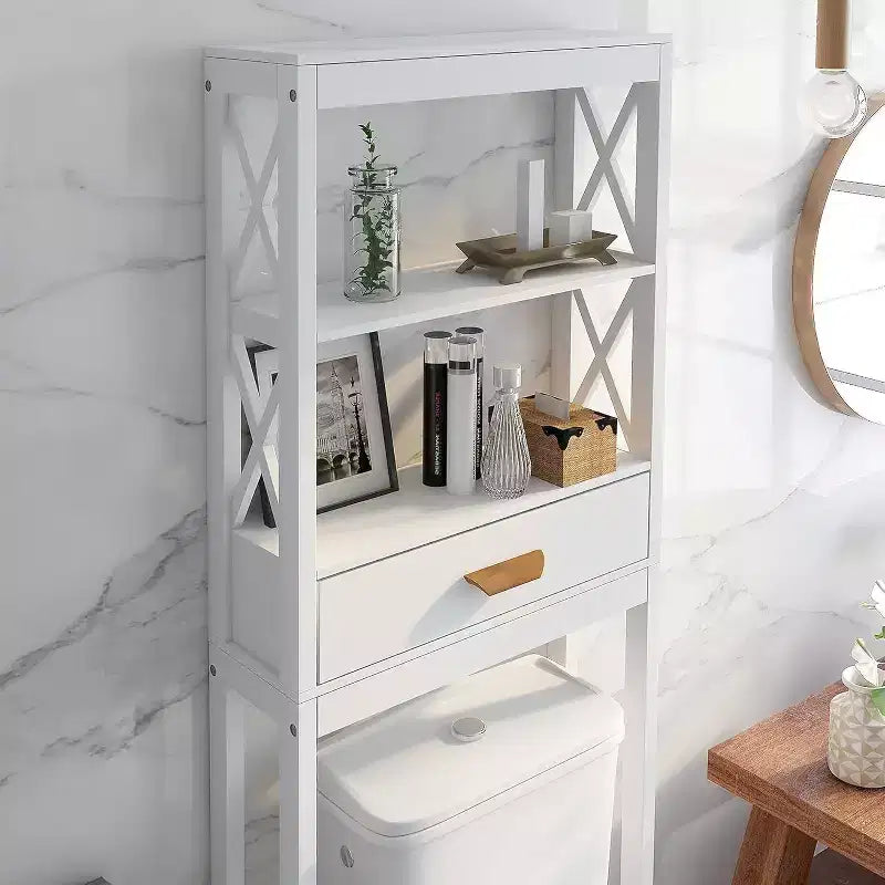 Meuble de rangement de salle de bain au-dessus des toilettes, organisateur autoportant au-dessus des toilettes avec 1 tiroir et 2 étagères ouvertes, blanc