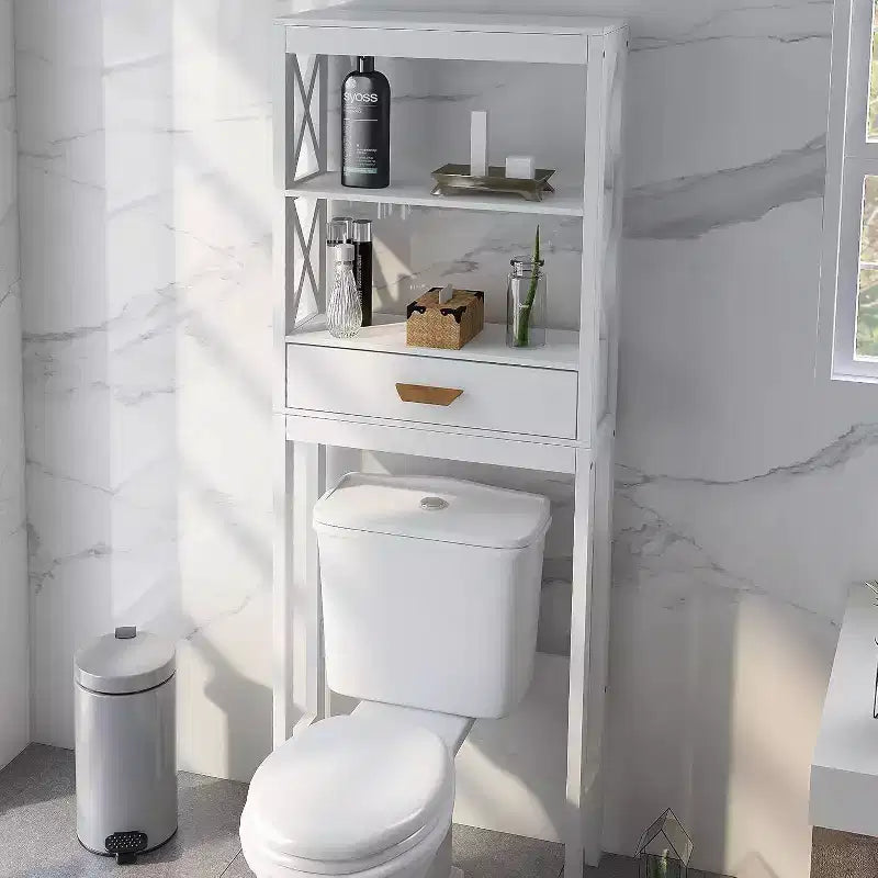 Meuble de rangement de salle de bain au-dessus des toilettes, organisateur autoportant au-dessus des toilettes avec 1 tiroir et 2 étagères ouvertes, blanc