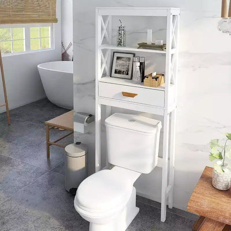 Meuble de rangement de salle de bain au-dessus des toilettes, organisateur autoportant au-dessus des toilettes avec 1 tiroir et 2 étagères ouvertes, blanc