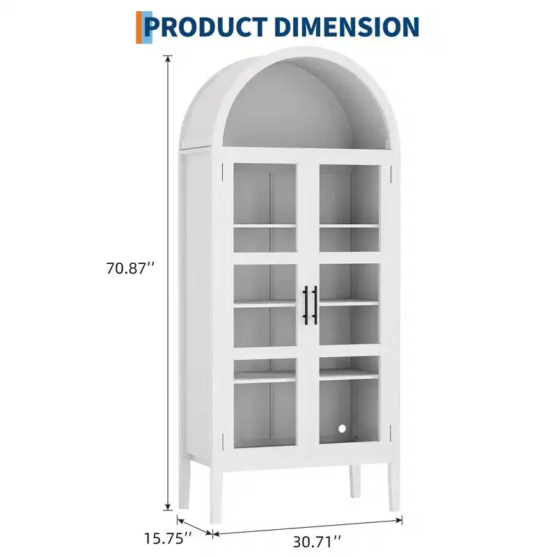 Armoire de cuisine haute de 70 po avec portes en verre et étagères réglables, Armoire de rangement en bois, Bibliothèque autoportante