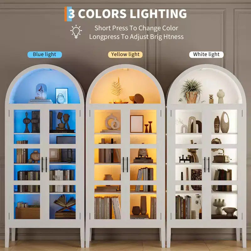 Armoire de cuisine haute de 70 po avec portes en verre et étagères réglables, Armoire de rangement en bois, Bibliothèque autoportante