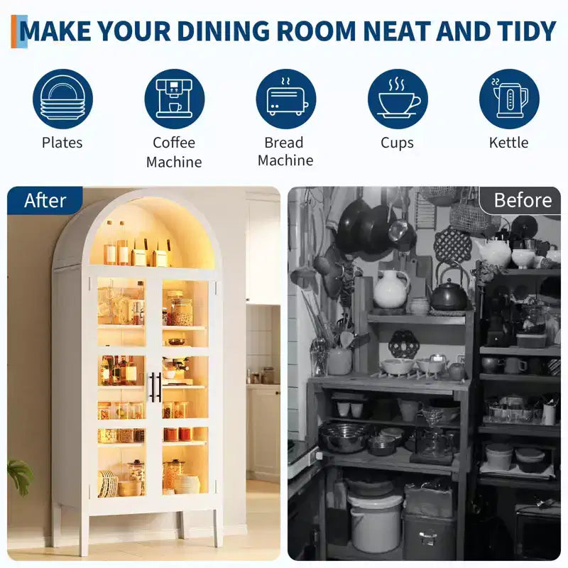 Armoire de cuisine haute de 70 po avec portes en verre et étagères réglables, Armoire de rangement en bois, Bibliothèque autoportante