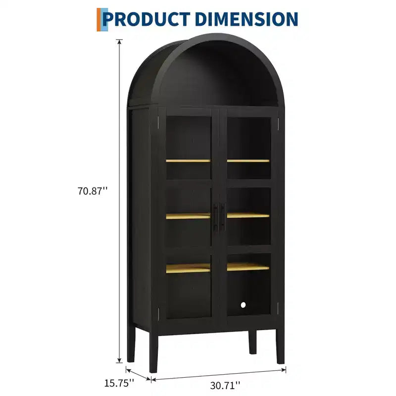 Armoire de cuisine haute de 70 po avec portes en verre et étagères réglables, Armoire de rangement en bois, Bibliothèque autoportante