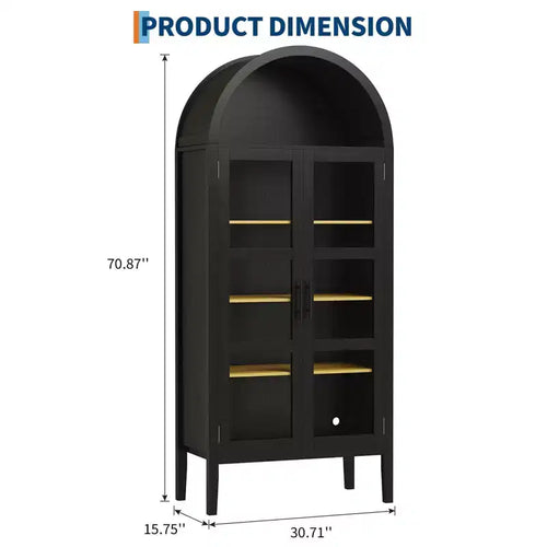 Armoire de cuisine haute de 70 po avec portes en verre et étagères réglables, Armoire de rangement en bois, Bibliothèque autoportante