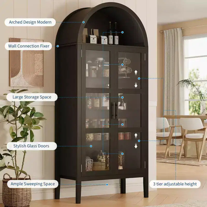 Armoire de cuisine haute de 70 po avec portes en verre et étagères réglables, Armoire de rangement en bois, Bibliothèque autoportante