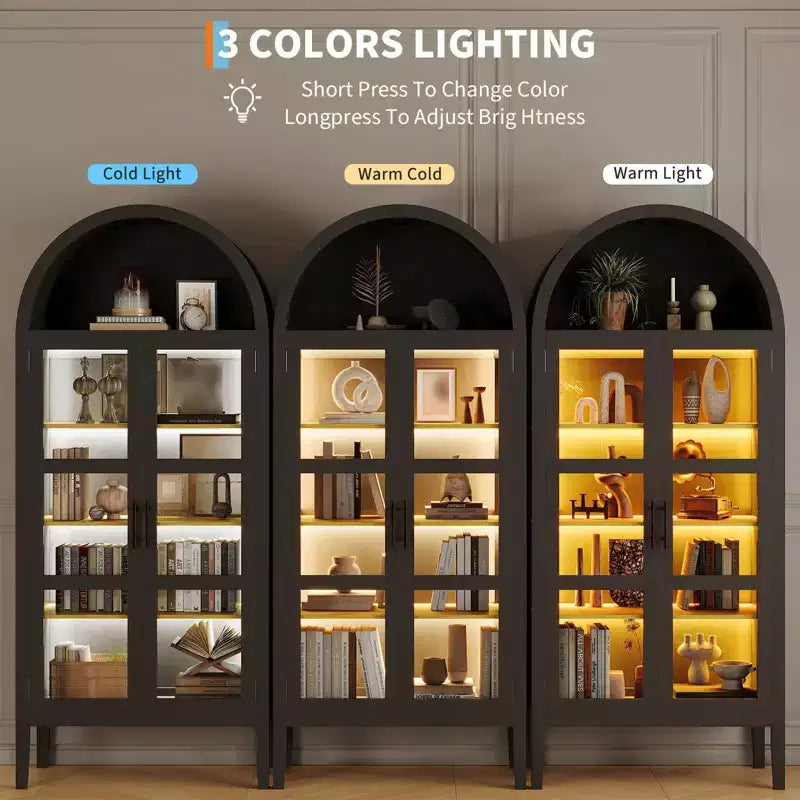 Armoire de cuisine haute de 70 po avec portes en verre et étagères réglables, Armoire de rangement en bois, Bibliothèque autoportante