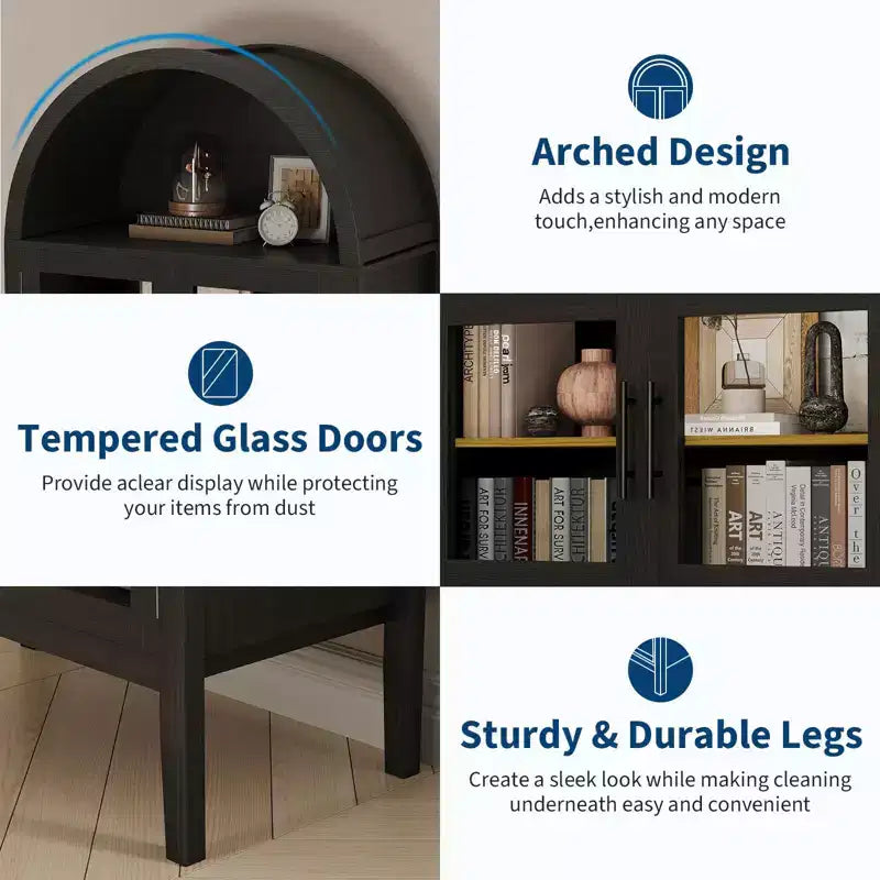 Armoire de cuisine haute de 70 po avec portes en verre et étagères réglables, Armoire de rangement en bois, Bibliothèque autoportante