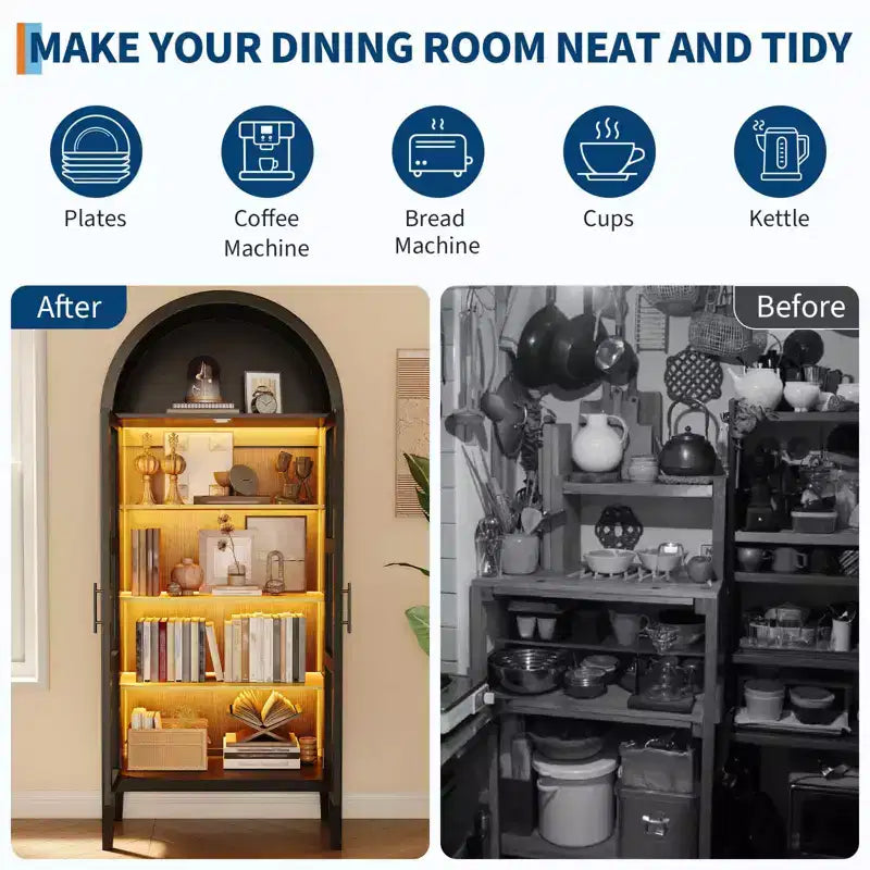 Armoire de cuisine haute de 70 po avec portes en verre et étagères réglables, Armoire de rangement en bois, Bibliothèque autoportante