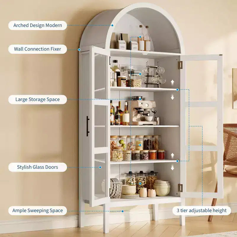 Armoire de cuisine haute de 70 po avec portes en verre et étagères réglables, Armoire de rangement en bois, Bibliothèque autoportante
