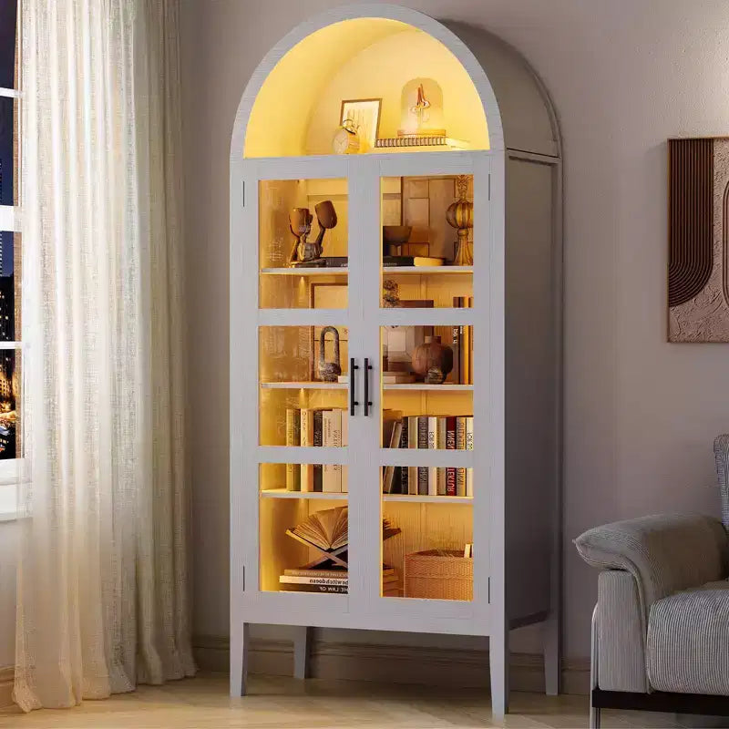 Armoire de cuisine haute de 70 po avec portes en verre et étagères réglables, Armoire de rangement en bois, Bibliothèque autoportante