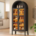 70 Tall Arched Kitchen Pantry Cabinet, Wooden Cupboard Storage Cabinet with Glass Doors & Adjustable Shelves, Freestanding Bookshelf Display Cabinet