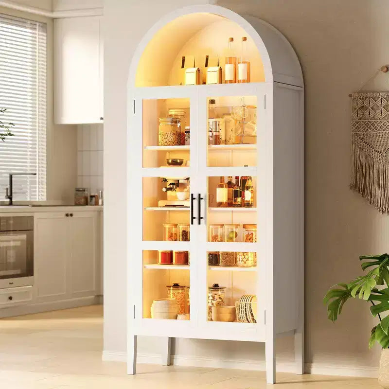 Armoire de cuisine haute de 70 po avec portes en verre et étagères réglables, Armoire de rangement en bois, Bibliothèque autoportante