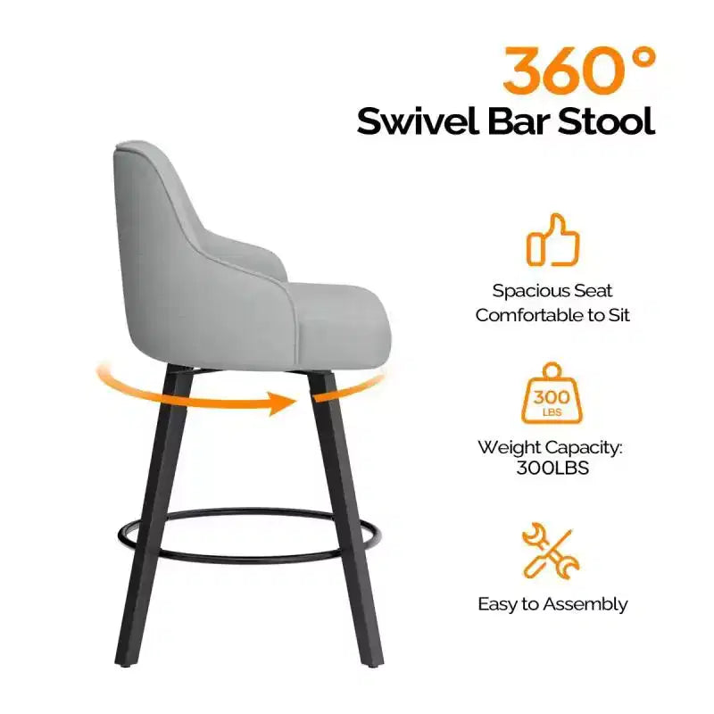 Tabouret de bar moderne avec pieds en bois, coussin épais et rotation à 360°