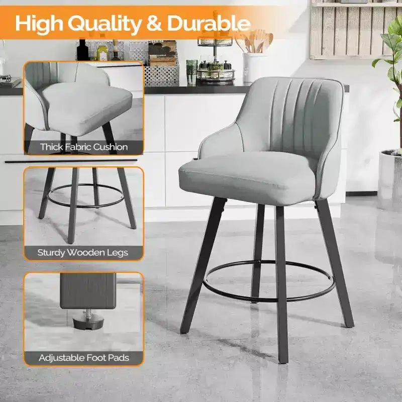Tabouret de bar moderne avec pieds en bois, coussin épais et rotation à 360°
