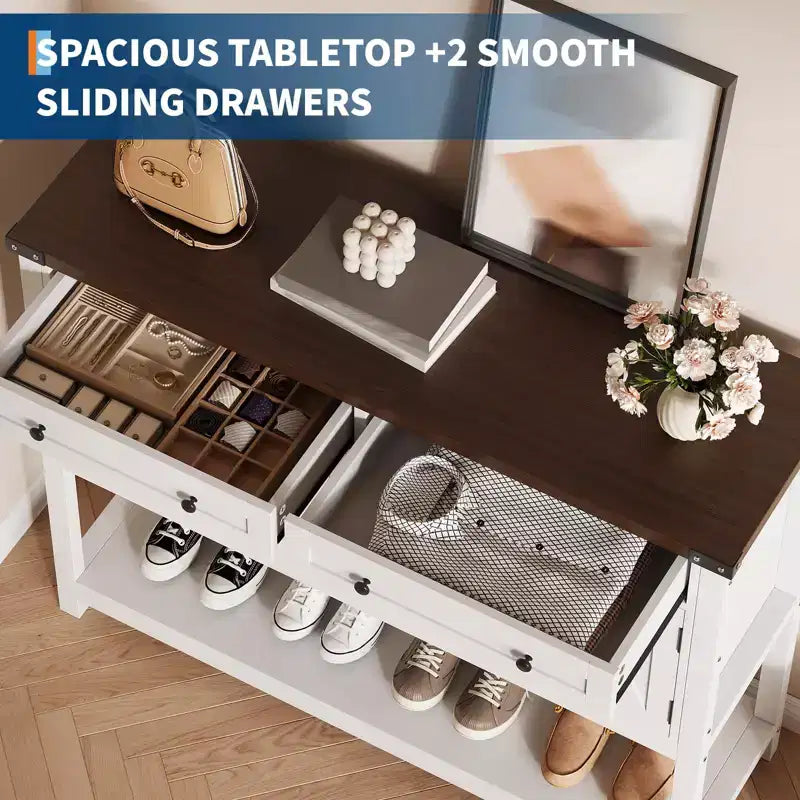 Grand buffet bahut de 120 cm, Meuble de rangement style ferme avec bar à café, Table console en bois avec 2 tiroirs pour cuisine et salle à manger