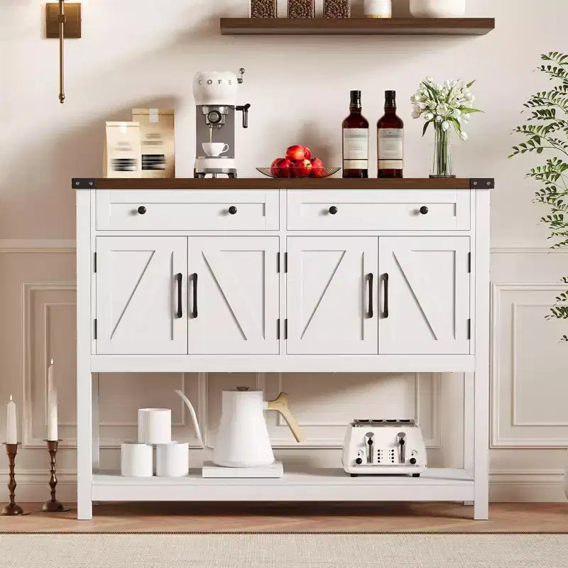 Grand buffet bahut de 120 cm, Meuble de rangement style ferme avec bar à café, Table console en bois avec 2 tiroirs pour cuisine et salle à manger