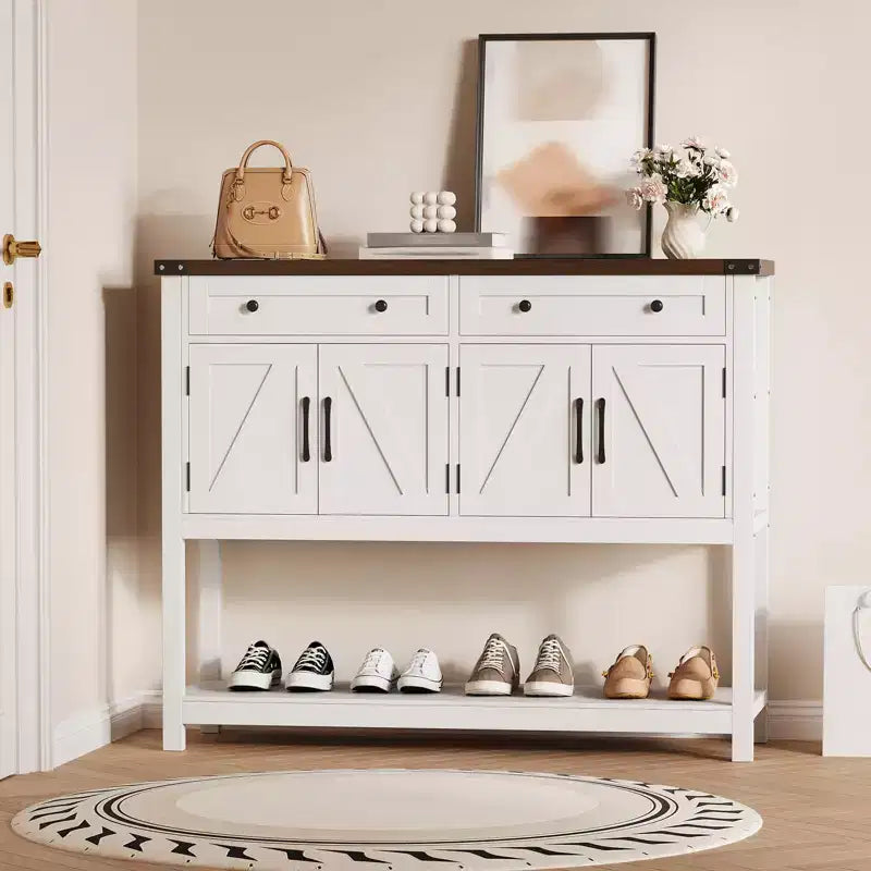 Grand buffet bahut de 120 cm, Meuble de rangement style ferme avec bar à café, Table console en bois avec 2 tiroirs pour cuisine et salle à manger