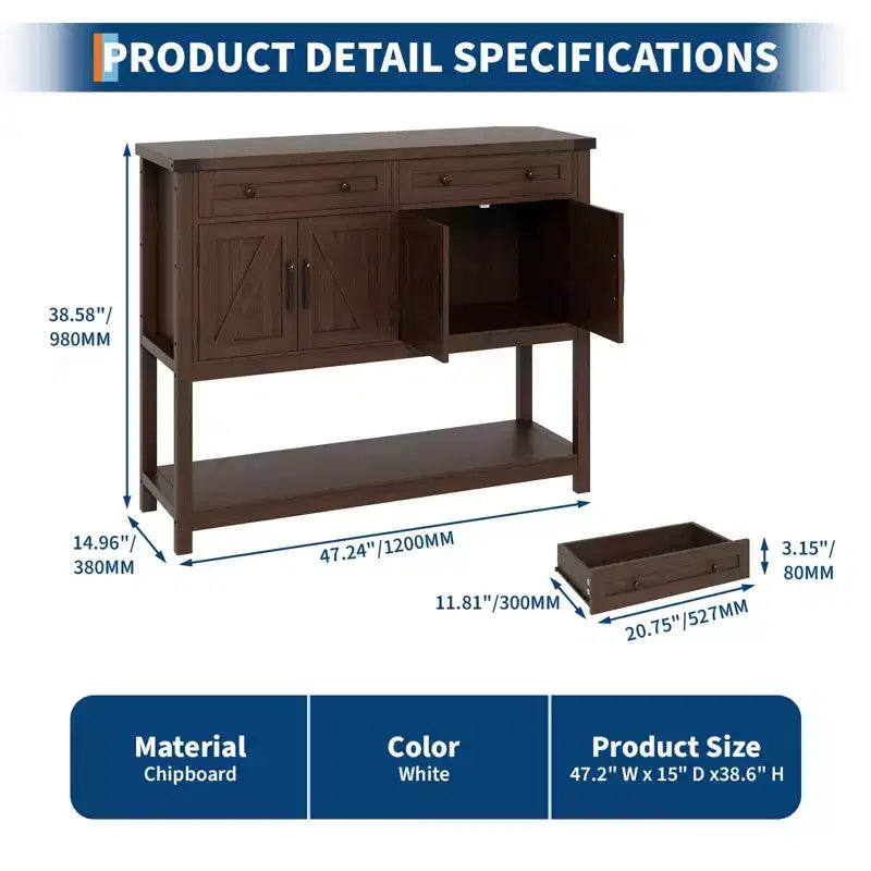 Grand buffet bahut de 120 cm, Meuble de rangement style ferme avec bar à café, Table console en bois avec 2 tiroirs pour cuisine et salle à manger