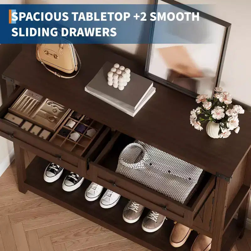 Grand buffet bahut de 120 cm, Meuble de rangement style ferme avec bar à café, Table console en bois avec 2 tiroirs pour cuisine et salle à manger