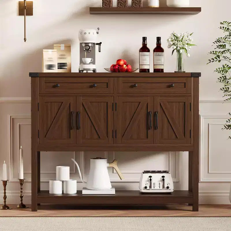 Grand buffet bahut de 120 cm, Meuble de rangement style ferme avec bar à café, Table console en bois avec 2 tiroirs pour cuisine et salle à manger