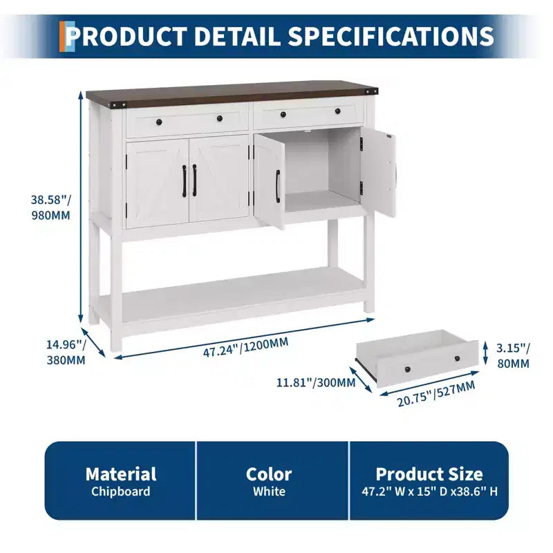 Grand buffet bahut de 120 cm, Meuble de rangement style ferme avec bar à café, Table console en bois avec 2 tiroirs pour cuisine et salle à manger