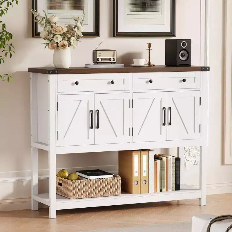 Grand buffet bahut de 120 cm, Meuble de rangement style ferme avec bar à café, Table console en bois avec 2 tiroirs pour cuisine et salle à manger