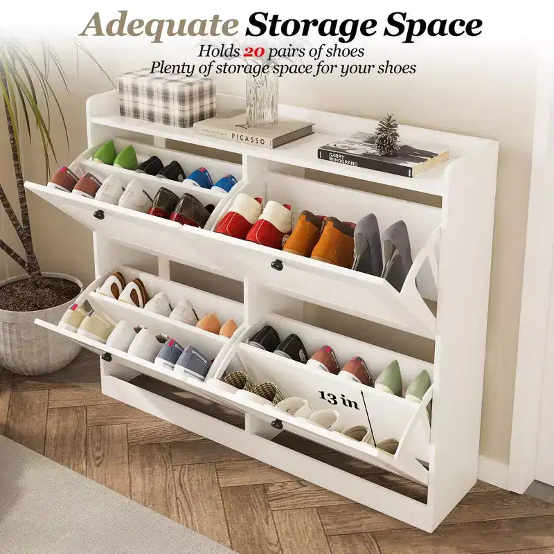 Grand meuble à chaussures avec 4 tiroirs basculants, meuble étroit pour entrée avec pieds en bois, organiseur de chaussures sur pied pour couloir