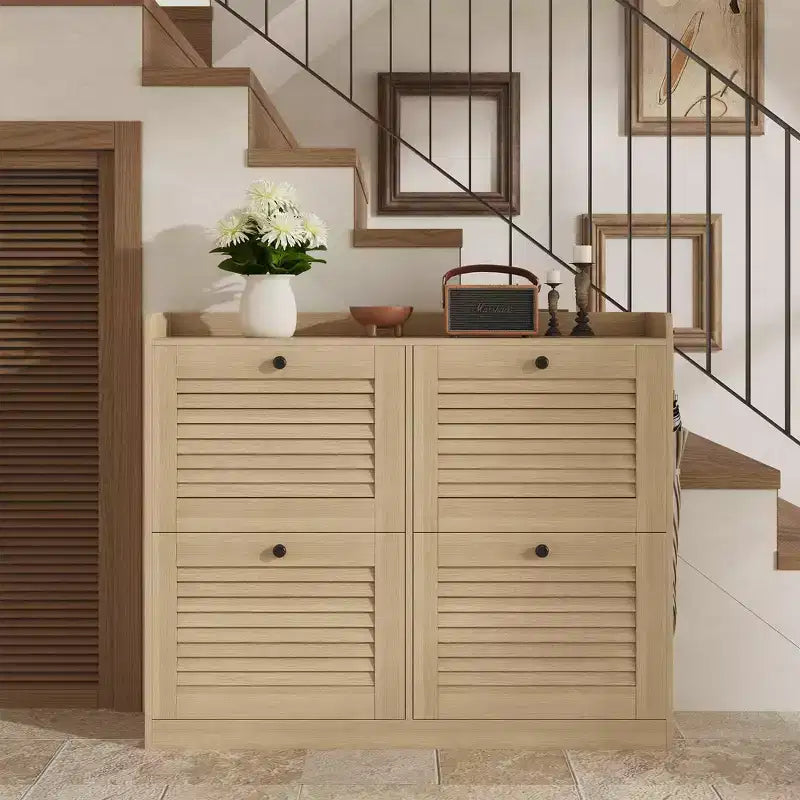 Grand meuble à chaussures avec 4 tiroirs basculants, meuble étroit pour entrée avec pieds en bois, organiseur de chaussures sur pied pour couloir