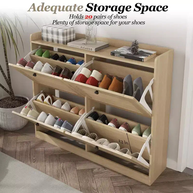 Grand meuble à chaussures avec 4 tiroirs basculants, meuble étroit pour entrée avec pieds en bois, organiseur de chaussures sur pied pour couloir