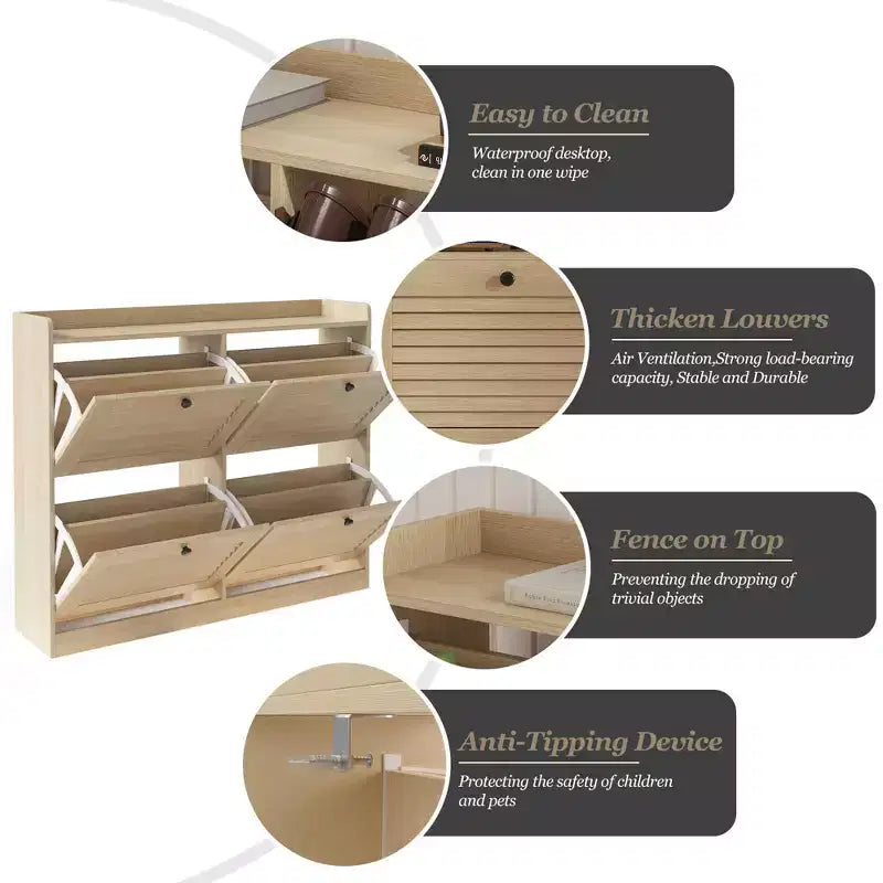 Grand meuble à chaussures avec 4 tiroirs basculants, meuble étroit pour entrée avec pieds en bois, organiseur de chaussures sur pied pour couloir