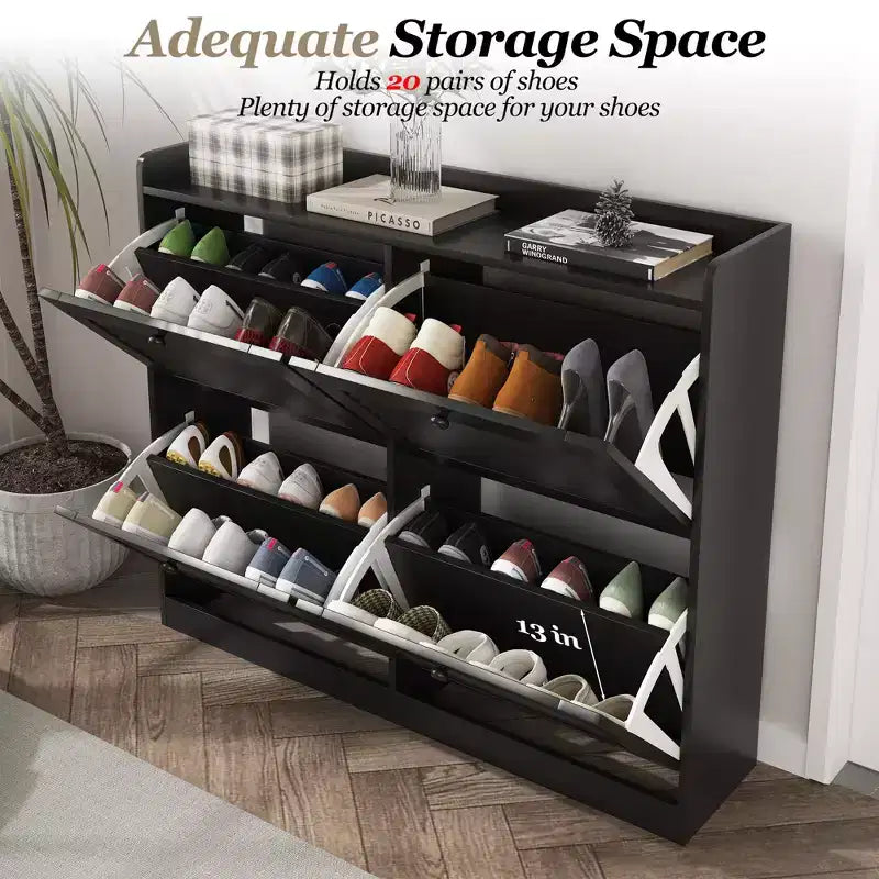 Grand meuble à chaussures avec 4 tiroirs basculants, meuble étroit pour entrée avec pieds en bois, organiseur de chaussures sur pied pour couloir