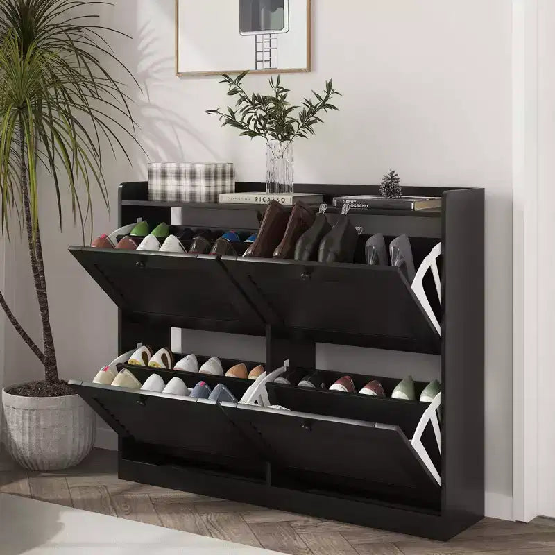 Large Shoe Storage Cabinet with 4 Flip Drawers, Narrow Cabinet for Entryway with Wooden Legs, Freestanding Hidden Shoe Rack Organizer for Hallway