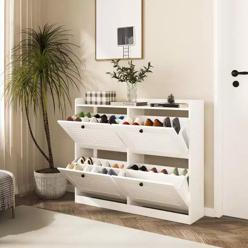 Grand meuble à chaussures avec 4 tiroirs basculants, meuble étroit pour entrée avec pieds en bois, organiseur de chaussures sur pied pour couloir