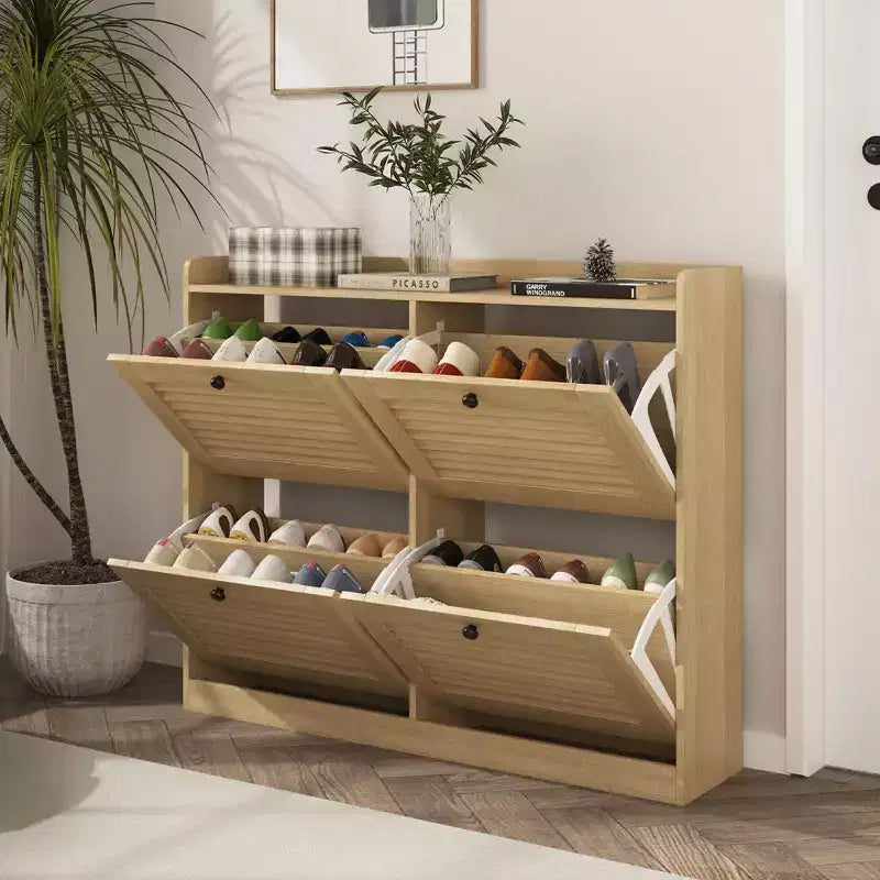 Grand meuble à chaussures avec 4 tiroirs basculants, meuble étroit pour entrée avec pieds en bois, organiseur de chaussures sur pied pour couloir