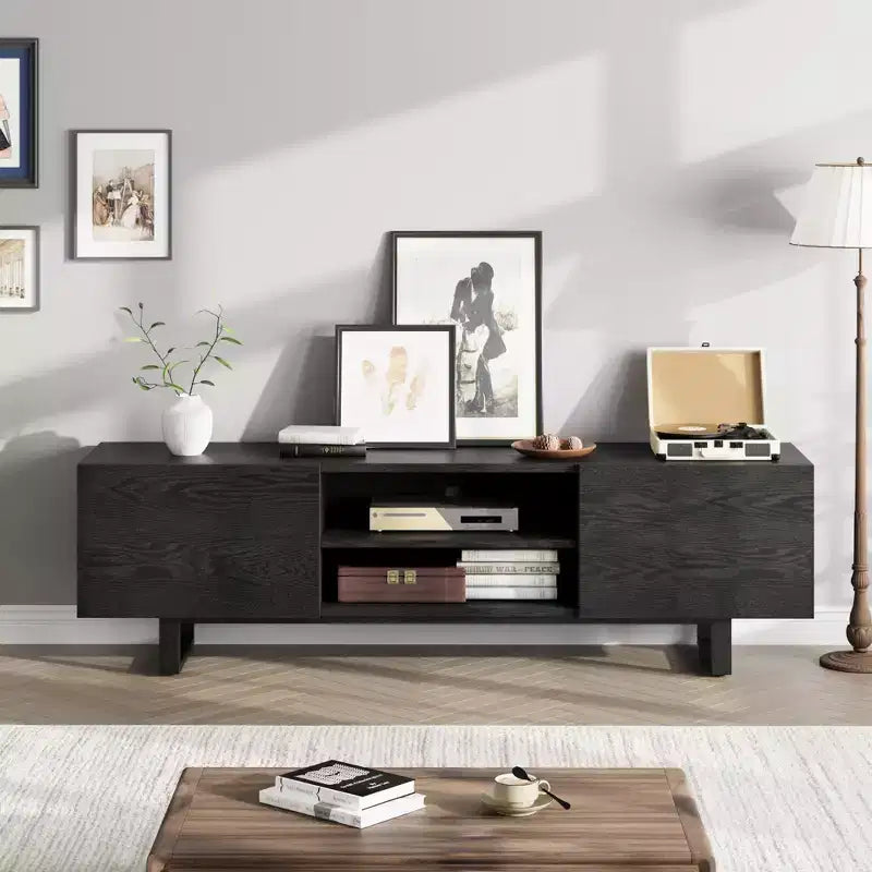 TROPOW Industrial TV Stand for 80 Inch, Modern Entertainment Center with 2 Drawers, Wooden Media Cabinet , TV Console Table , Black