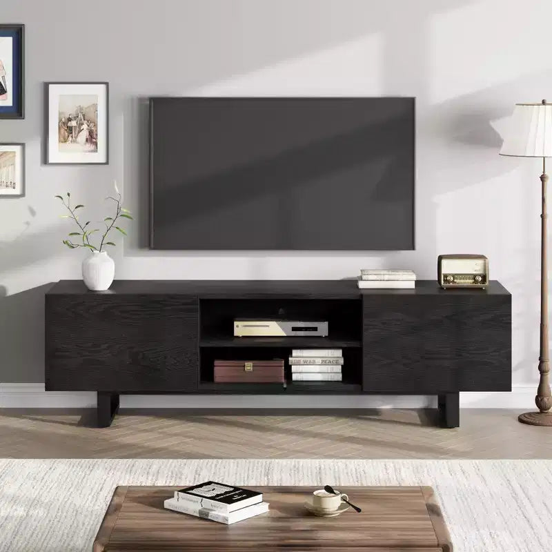 Meuble TV industriel pour 80 pouces, meuble de divertissement moderne avec 2 tiroirs, meuble multimédia en bois, table console TV, noir