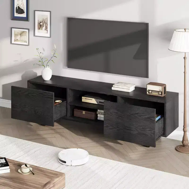 Meuble TV industriel pour 80 pouces, meuble de divertissement moderne avec 2 tiroirs, meuble multimédia en bois, table console TV, noir