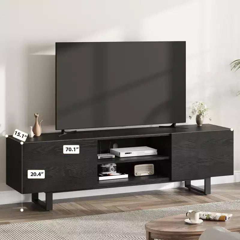Meuble TV industriel pour 80 pouces, meuble de divertissement moderne avec 2 tiroirs, meuble multimédia en bois, table console TV, noir