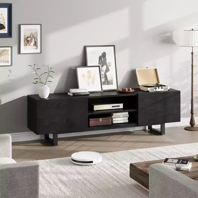 Meuble TV industriel pour 80 pouces, meuble de divertissement moderne avec 2 tiroirs, meuble multimédia en bois, table console TV, noir
