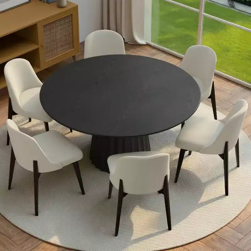 Ensemble de salle à manger PexFix 52 moderne avec 6 chaises rembourrées, table ronde, dessus en bois texturé noir, piédestal plissé, sièges beiges pour cuisine et salle à manger