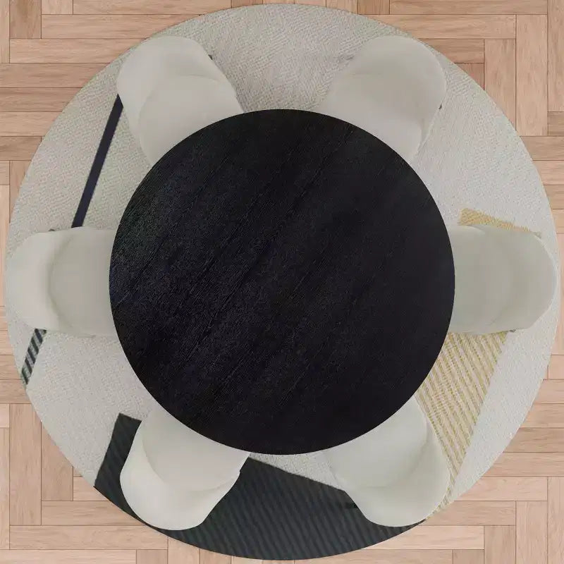Ensemble de salle à manger PexFix 52 moderne avec 6 chaises rembourrées, table ronde, dessus en bois texturé noir, piédestal plissé, sièges beiges pour cuisine et salle à manger