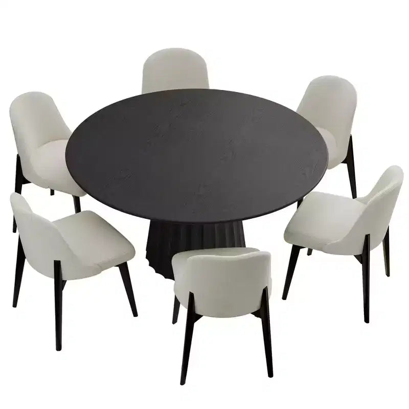 Ensemble de salle à manger PexFix 52 moderne avec 6 chaises rembourrées, table ronde, dessus en bois texturé noir, piédestal plissé, sièges beiges pour cuisine et salle à manger