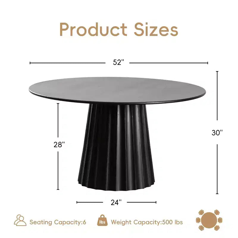 Ensemble de salle à manger PexFix 52 moderne avec 6 chaises rembourrées, table ronde, dessus en bois texturé noir, piédestal plissé, sièges beiges pour cuisine et salle à manger