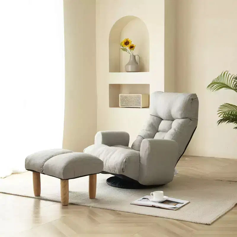 Fauteuil GDFStudio Sorrel moderne pivotant à 360° en lin avec dossier réglable et pouf