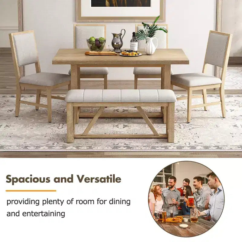 Ensemble de salle à manger GDFStudio Monica 6 pièces avec table en bois de 152 cm et chaises et banc rembourrés